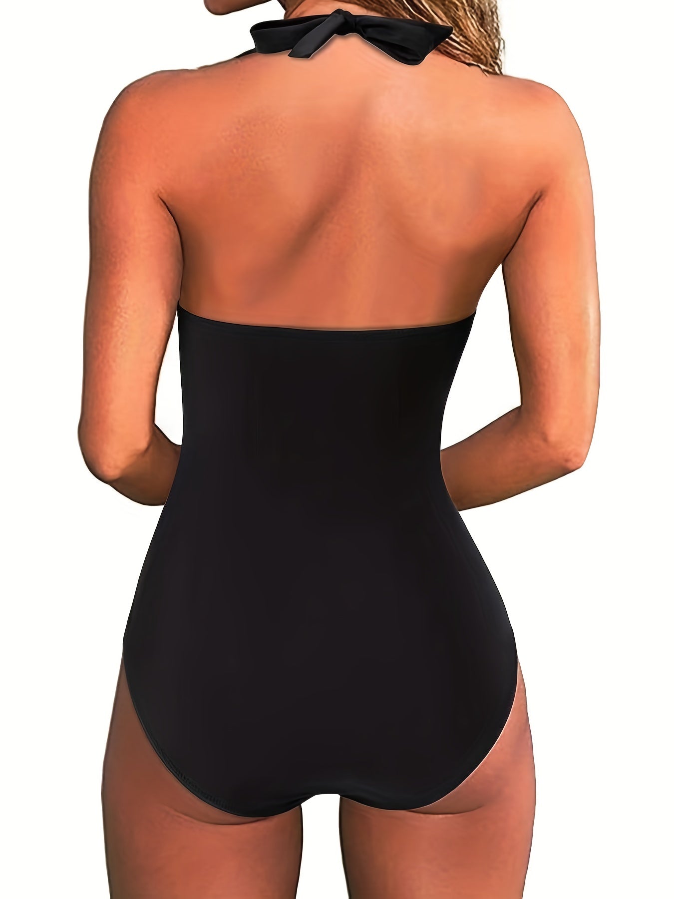 Lyra® | Two-tone V-neck halterneck swimsuit with print
