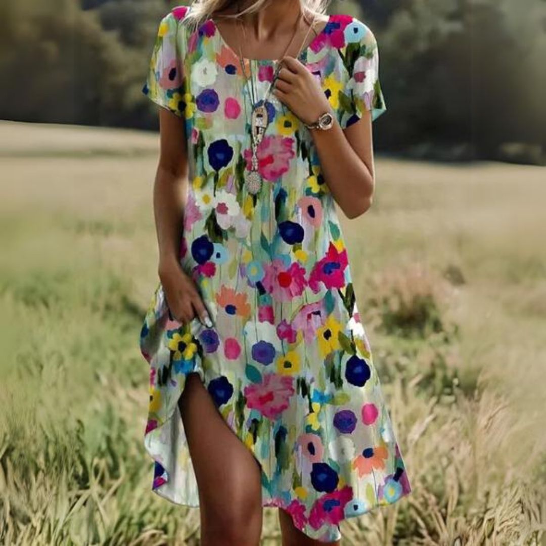 Lina® | Polka dot midi dress with short sleeves and a round neckline