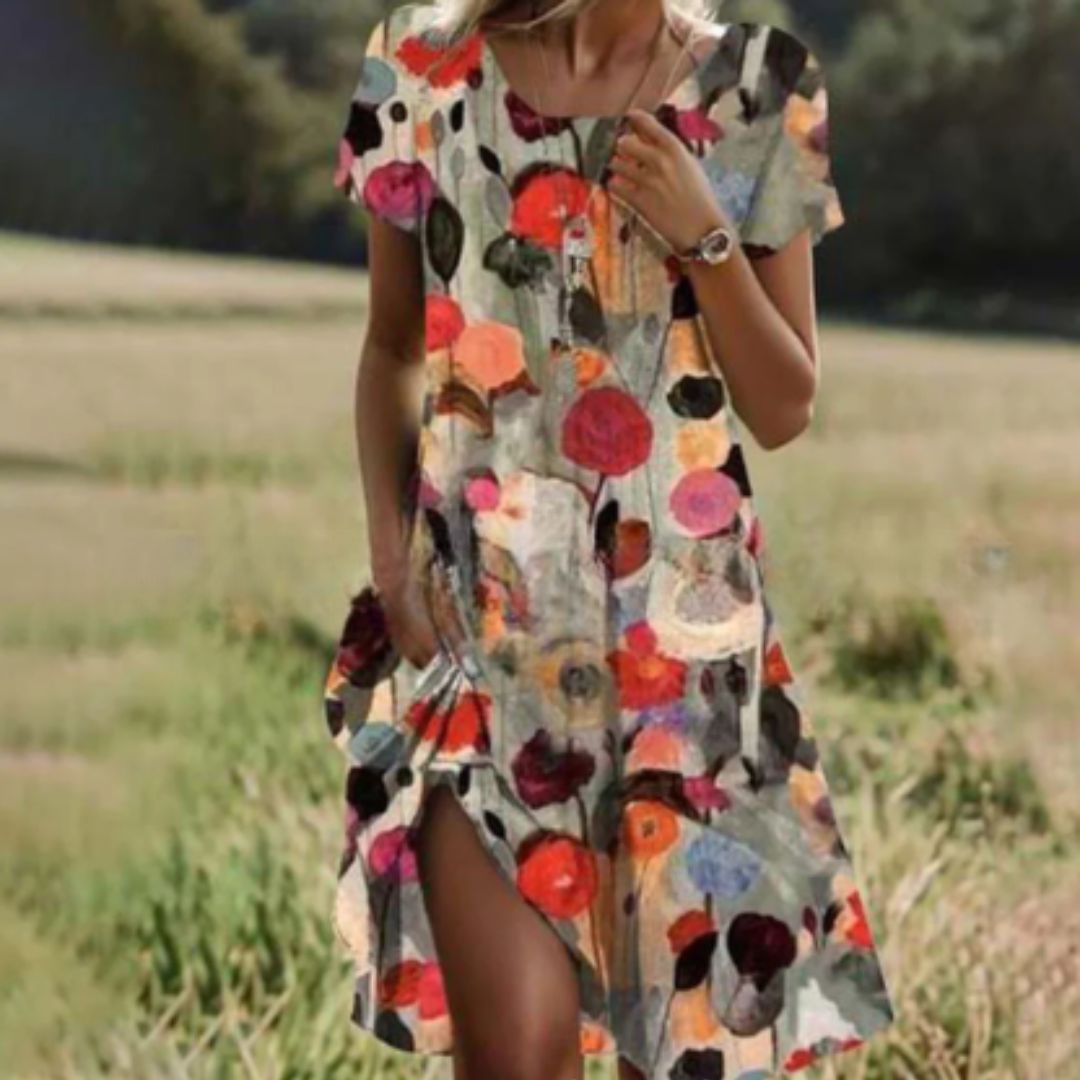 Lina® | Polka dot midi dress with short sleeves and a round neckline