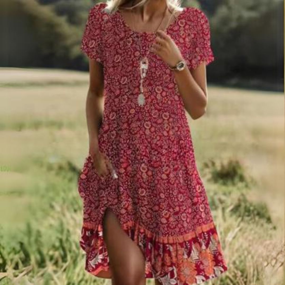 Lina® | Polka dot midi dress with short sleeves and a round neckline