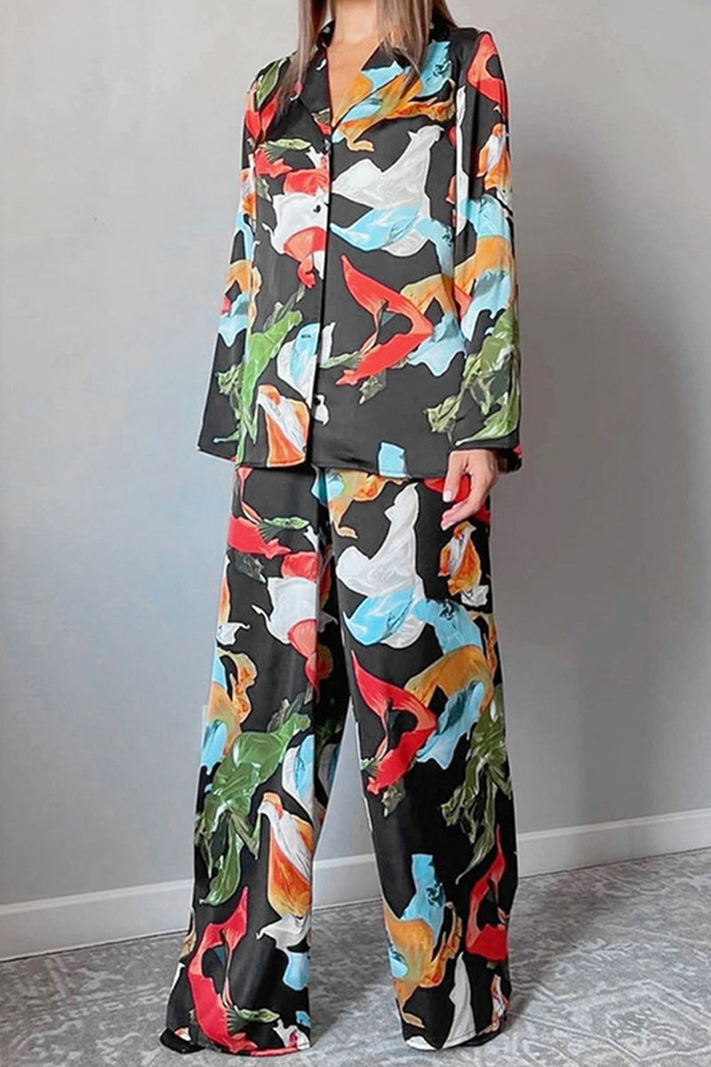 Leticia® | Casual Living Geometric Patchwork Turn-Down Collar Long Sleeve Two Piece Set