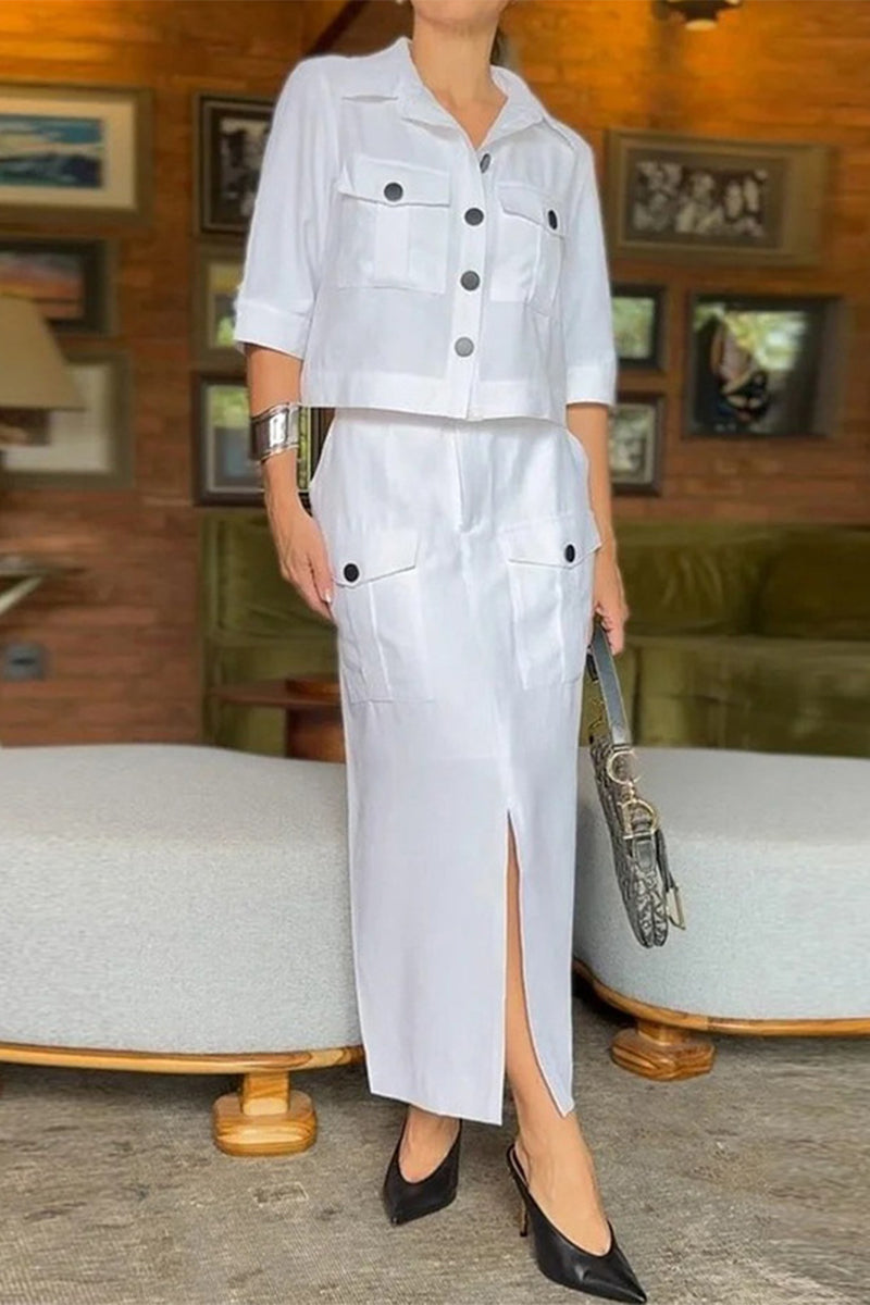 Valeria® | Casual solid pocket buttons, slit, turn-down collar, half sleeves, two-piece