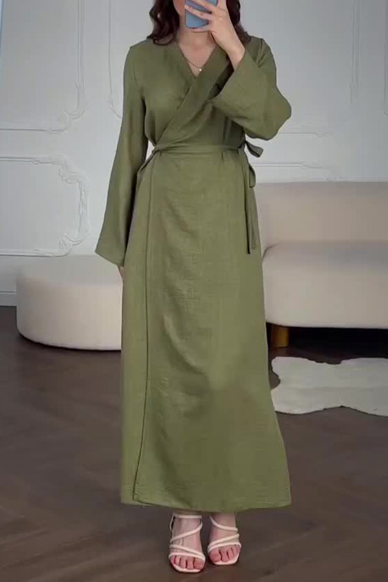 Annette® | Casual V-neck lace-up solid color A-line dresses for everyday wear