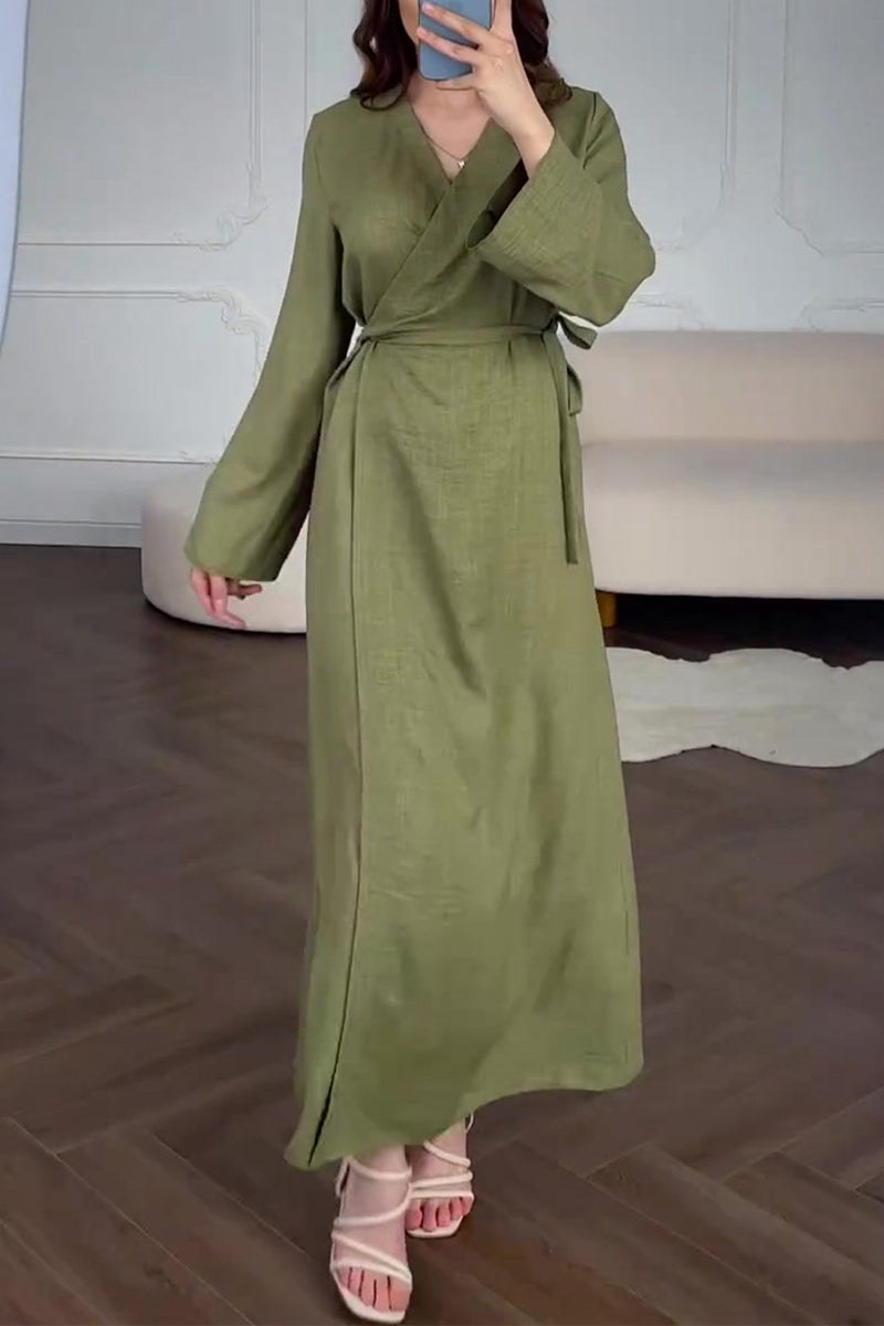 Annette® | Casual V-neck lace-up solid color A-line dresses for everyday wear