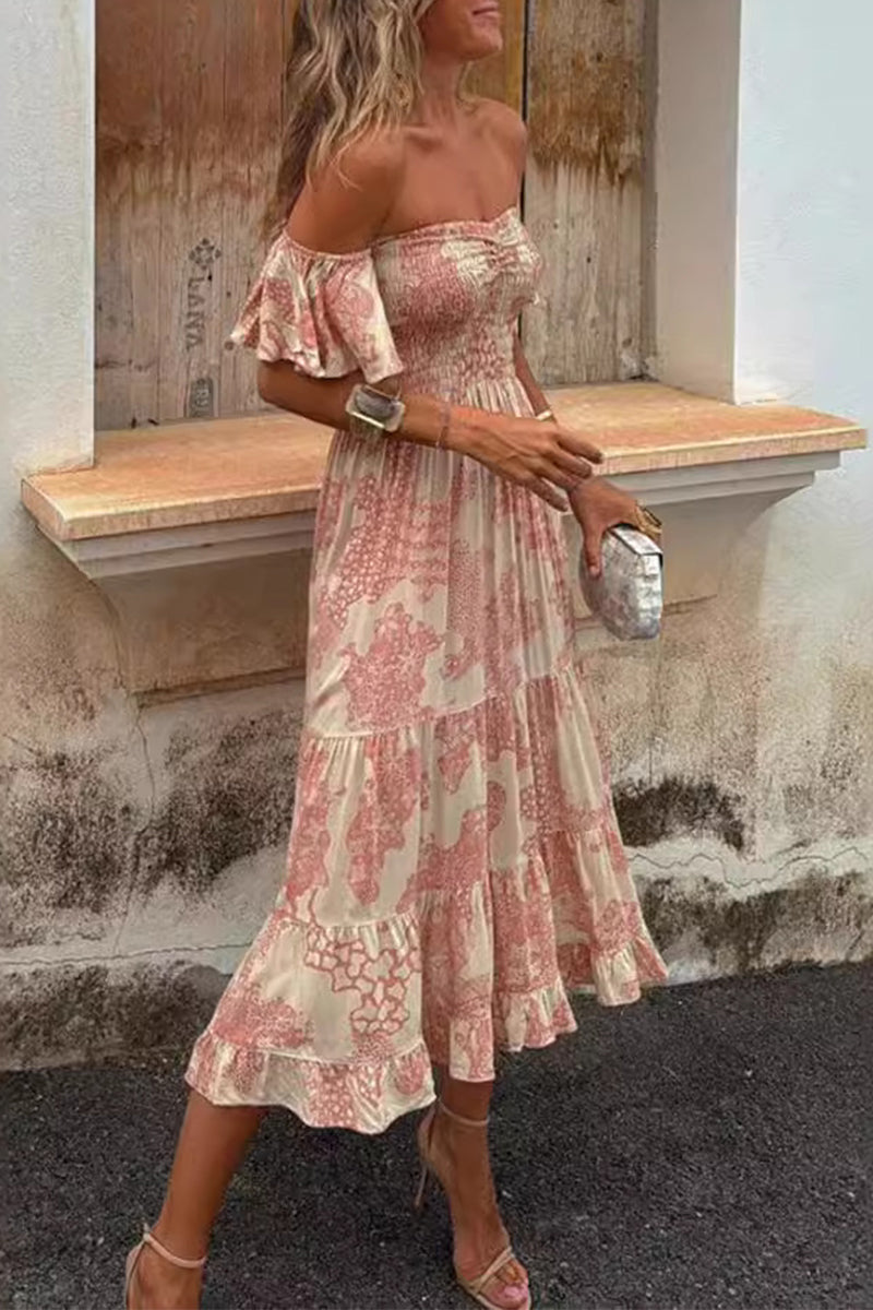 Abigail® | Sexy floral print off shoulder cake skirt dresses with patchwork ruffles