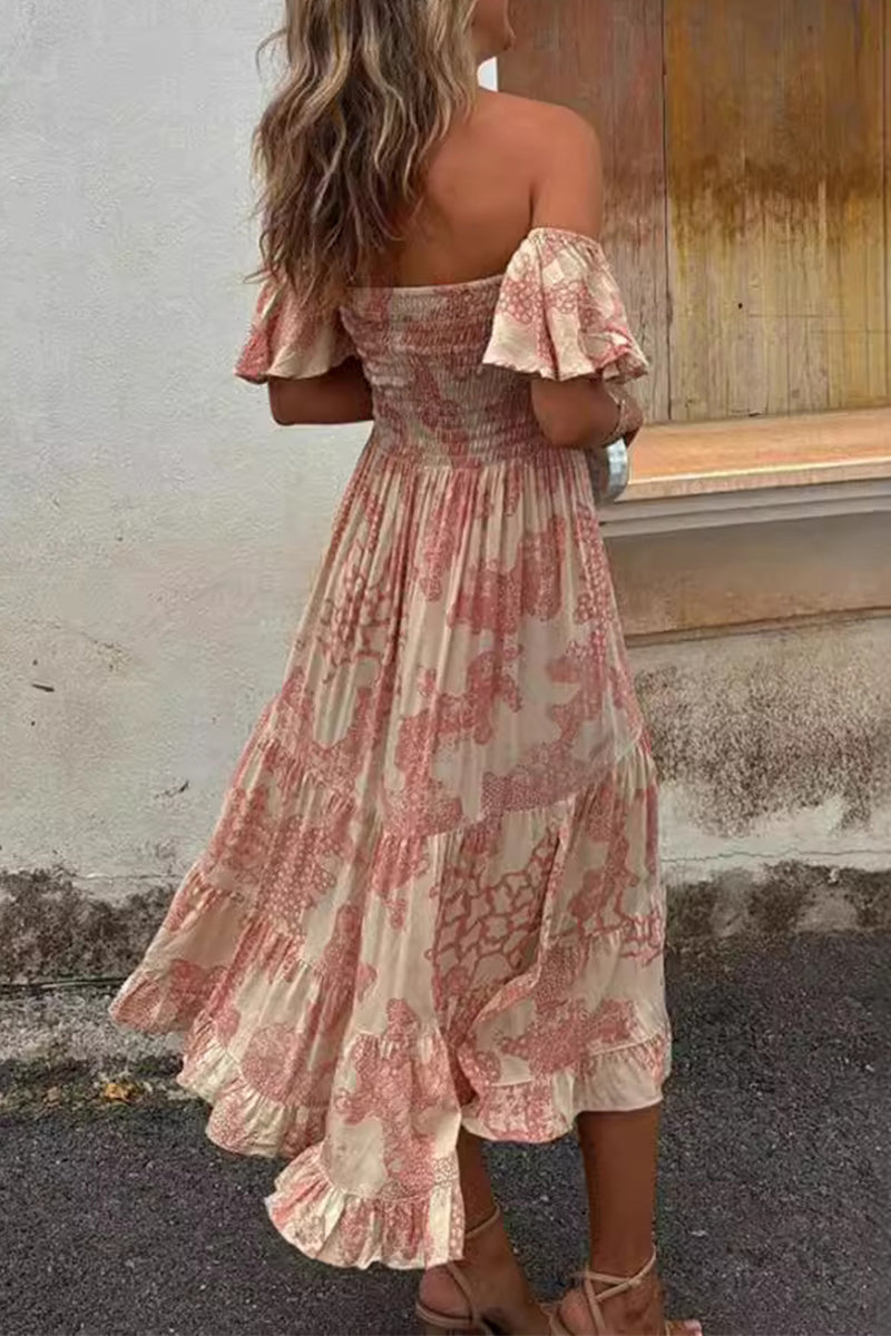 Abigail® | Sexy floral print off shoulder cake skirt dresses with patchwork ruffles
