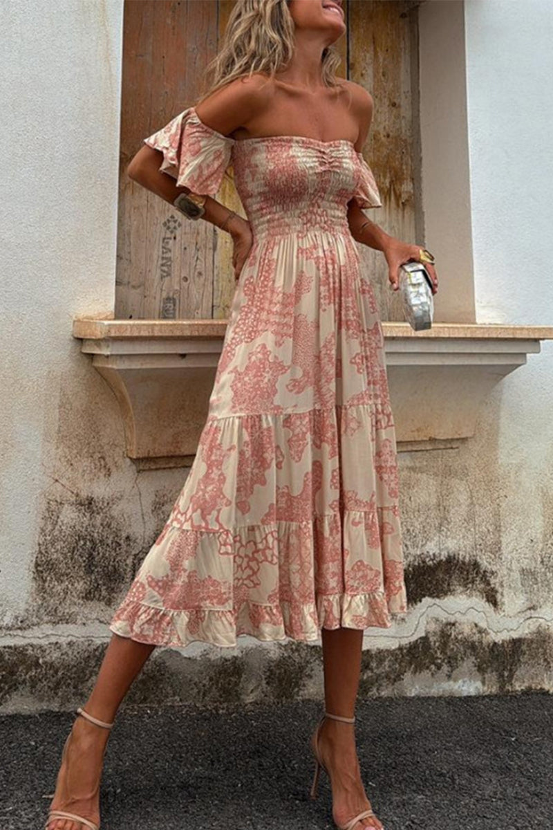 Abigail® | Sexy floral print off shoulder cake skirt dresses with patchwork ruffles