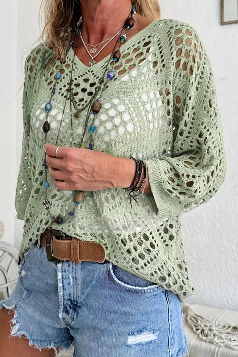 Mabel® | Casual Daily Solid Color Hollow Out V-Neck Sweaters (5 Colors)