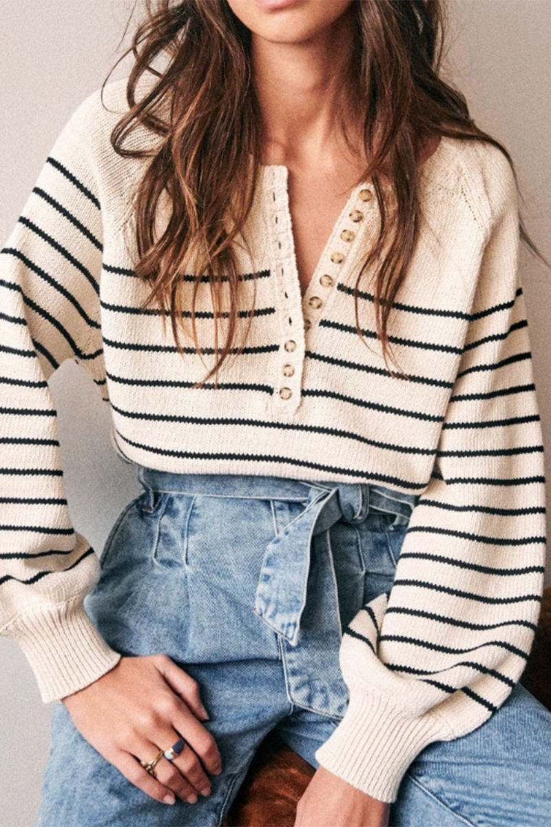 Blanca® | Casual striped buckle woven contrast O-neck sweaters
