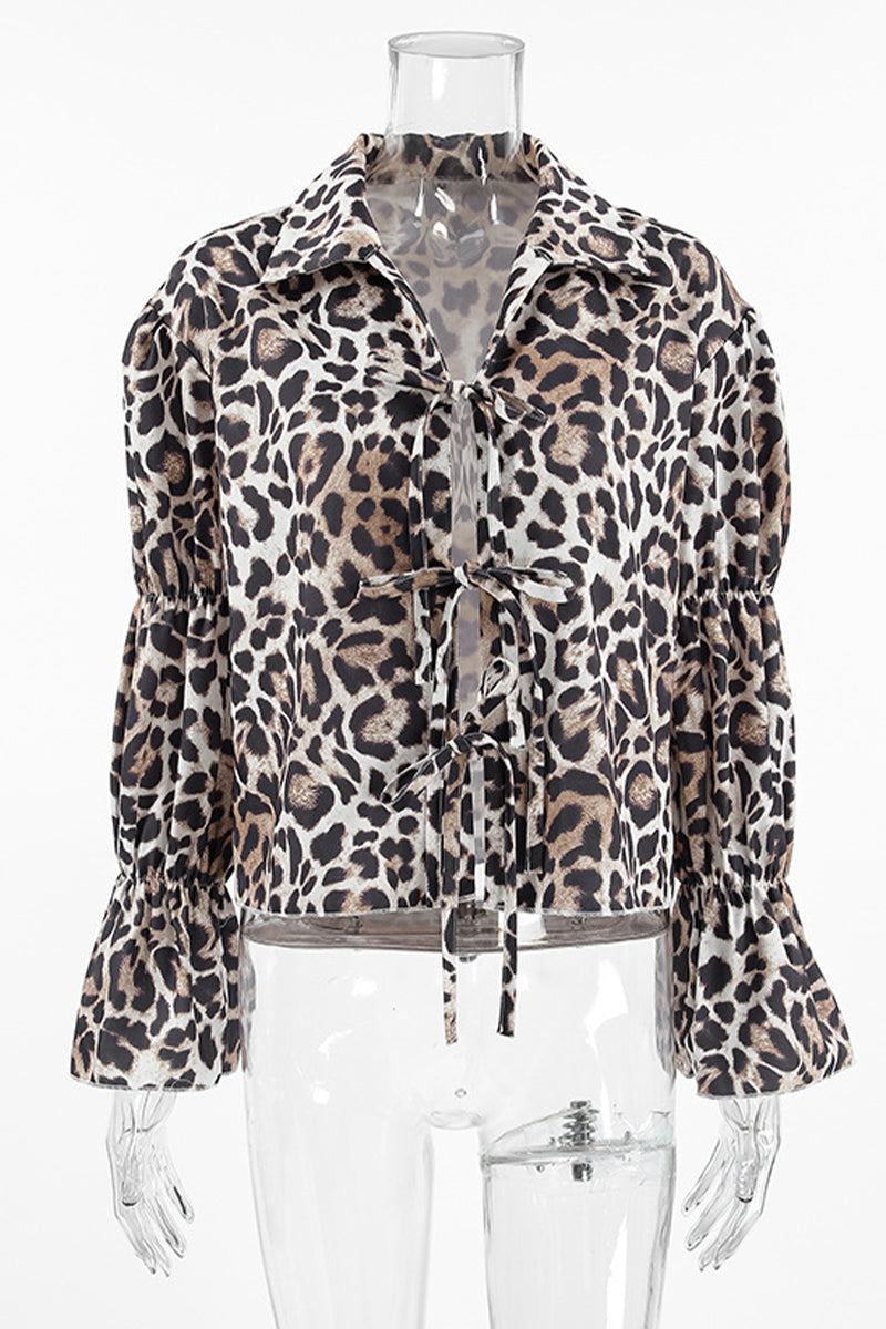 Britta® | Casual street blouses with leopard print and lace-up and turn-down collar
