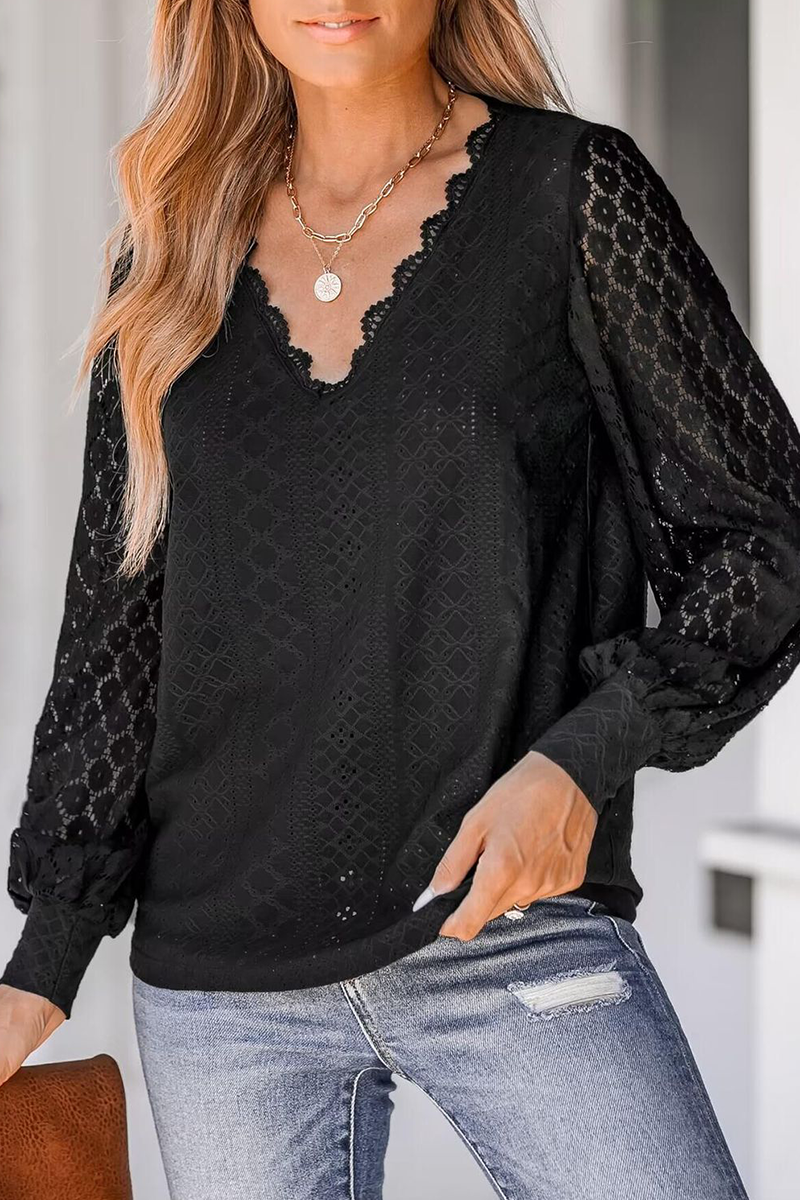 Celia® | Casual street blouses made of plain lace with a V-neck