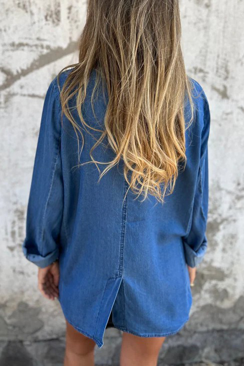 Daisy® | Casual, everyday denim jacket with solid color buttons and patchwork turn-down collar, long sleeves and loose fit