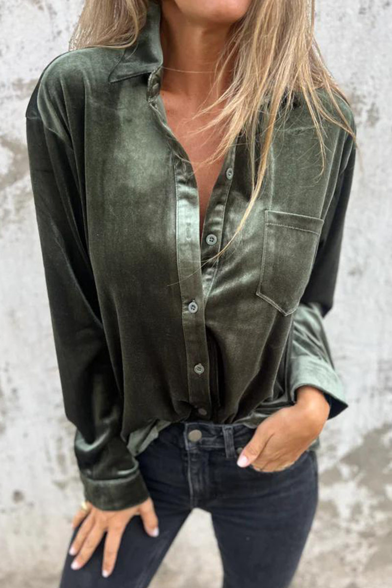 Dolores® | Casual plain blouses with pocket buckle and turn-down collar
