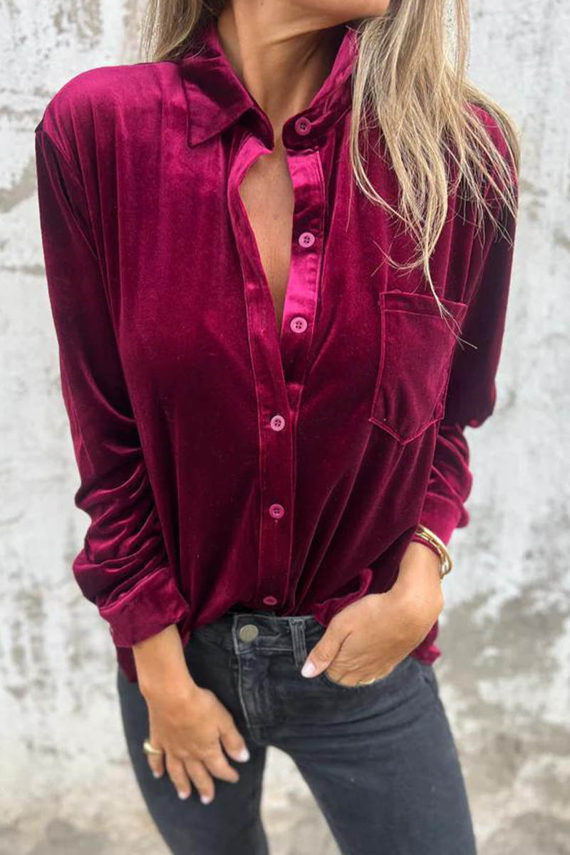 Dolores® | Casual plain blouses with pocket buckle and turn-down collar