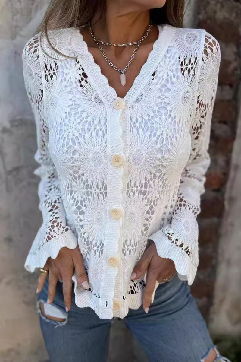 Lea® | Casual lace blouses with hollowed out buttons and V-neck