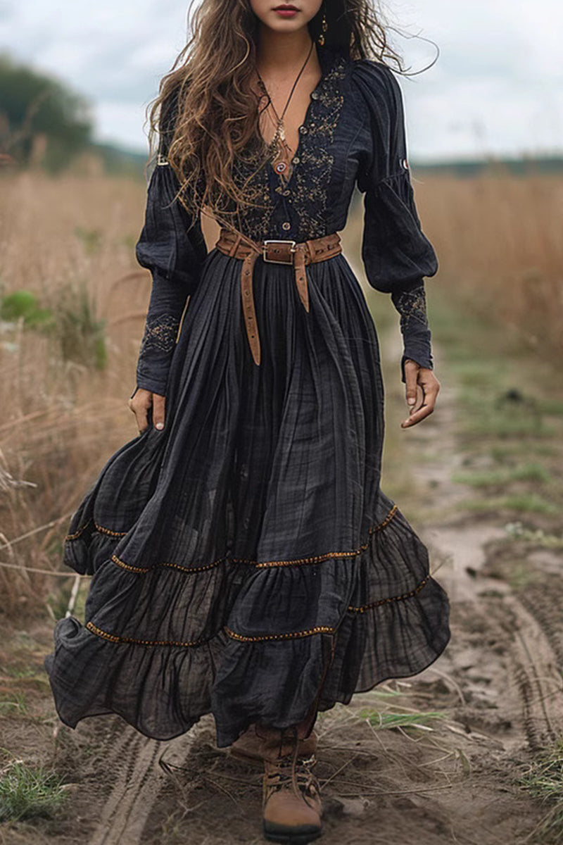 Adela® | Casual Floral Embroidered Distressed A-Line V-Neck Dresses (Without Waist Belt)