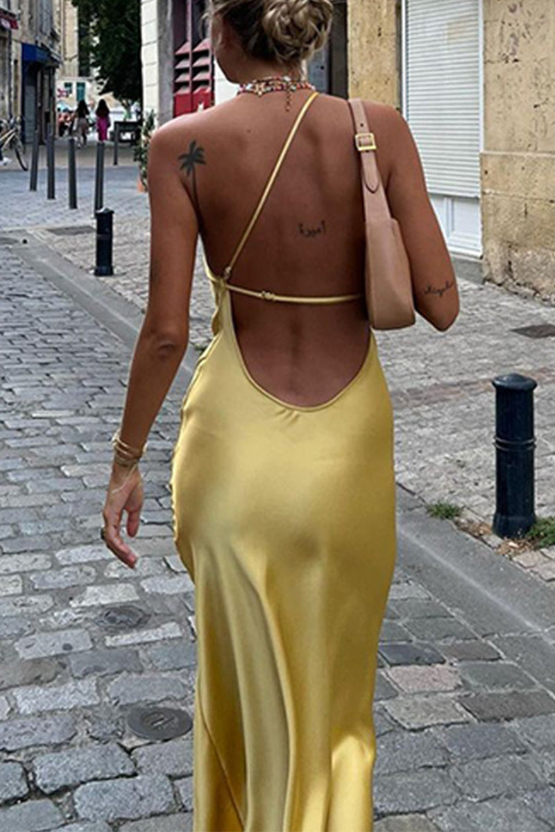 Luz® | Sexy long dresses with a backless slit and slanted shoulder