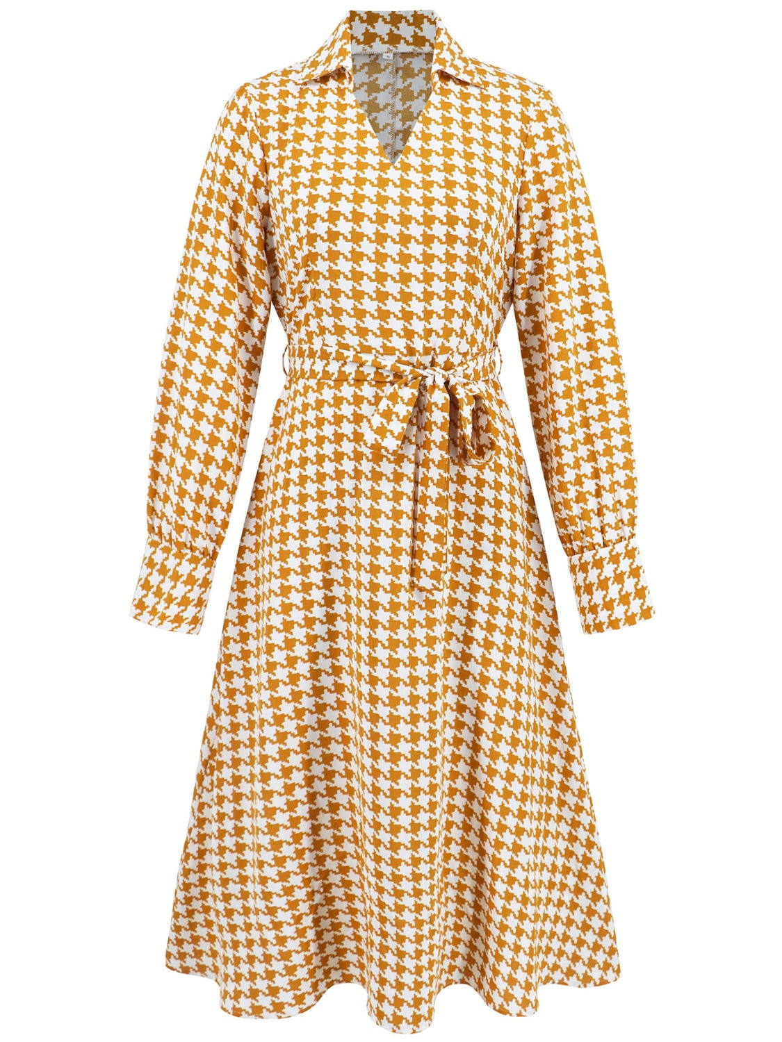 Abigail® | Long sleeve houndstooth lace-up midi dress