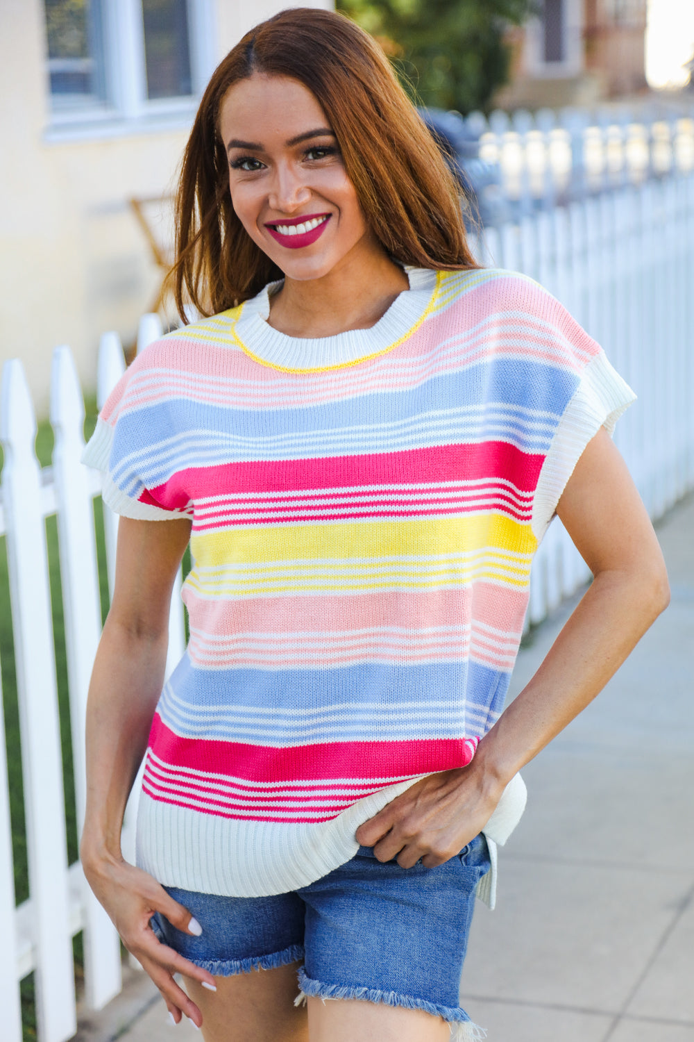 Lyra® | Feeling Playful Blue and fuchsia striped short sleeve knit top