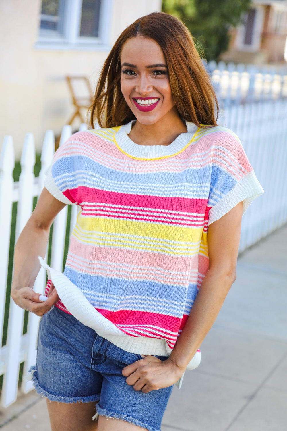Lyra® | Feeling Playful Blue and fuchsia striped short sleeve knit top
