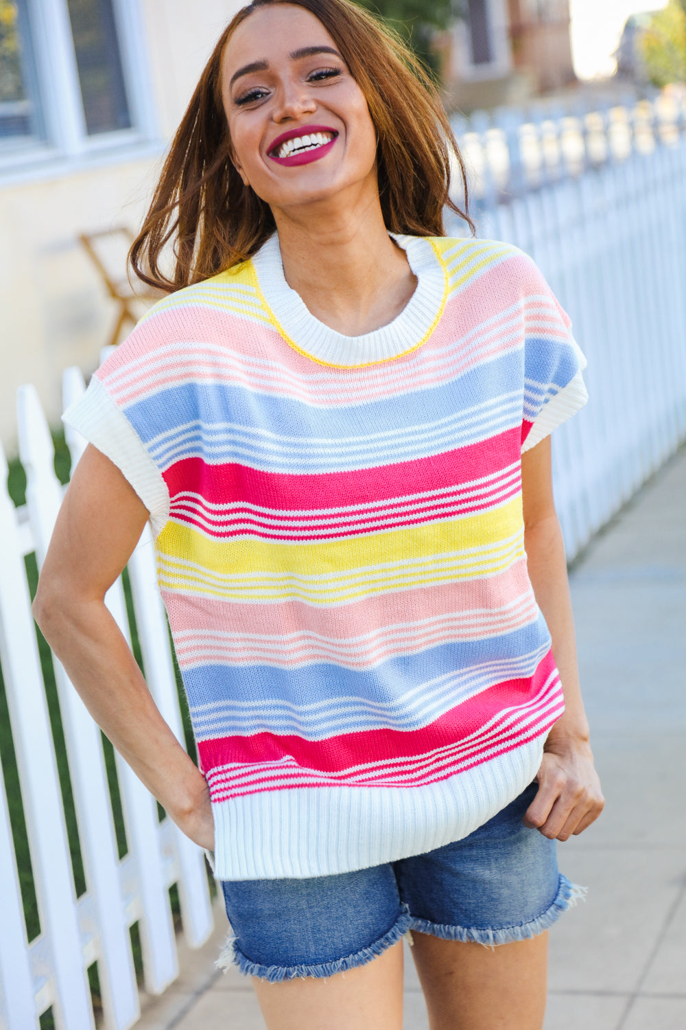 Lyra® | Feeling Playful Blue and fuchsia striped short sleeve knit top