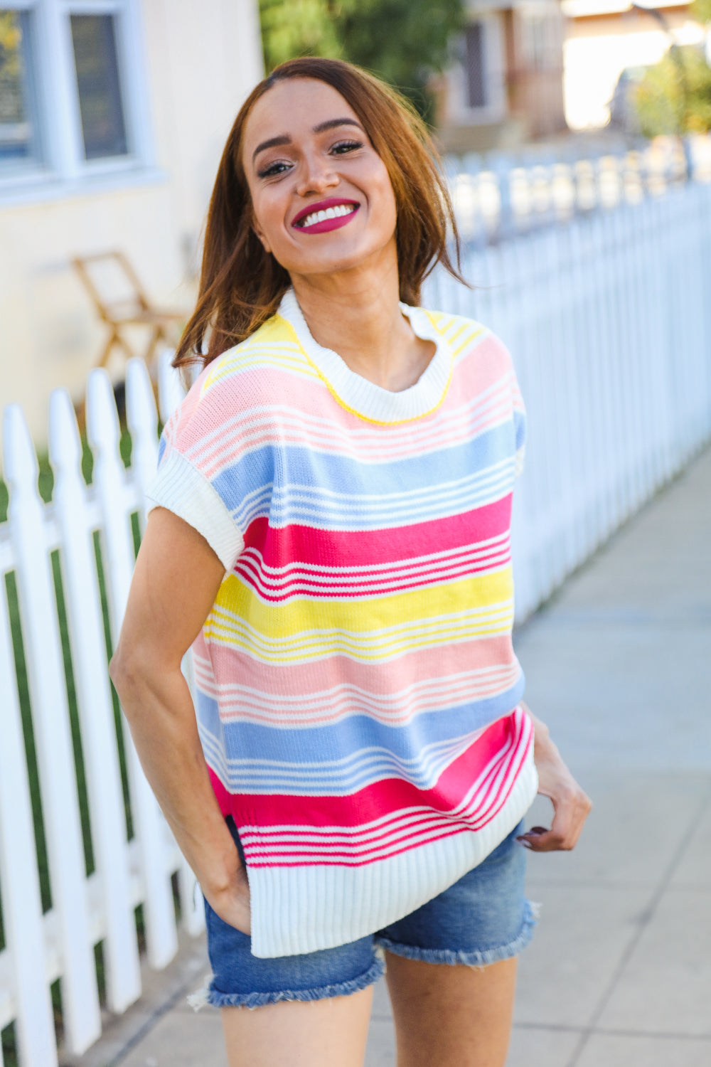 Lyra® | Feeling Playful Blue and fuchsia striped short sleeve knit top
