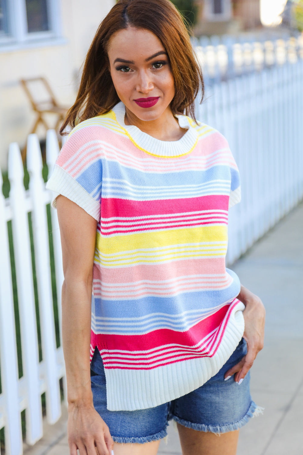 Lyra® | Feeling Playful Blue and fuchsia striped short sleeve knit top
