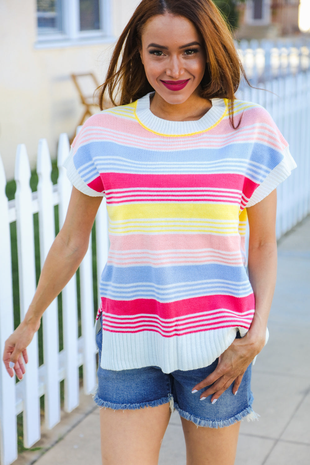 Lyra® | Feeling Playful Blue and fuchsia striped short sleeve knit top