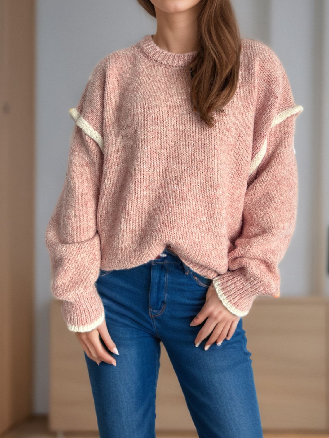 Luz® | Round neck sweater with sloping shoulders and contrasting trim