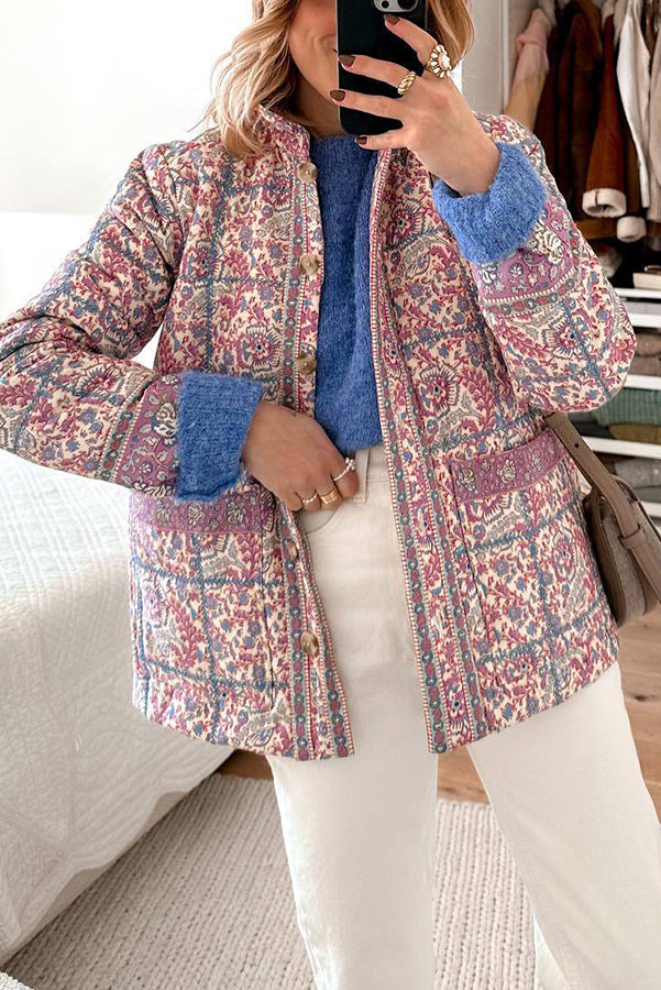 Leonor® | Vintage Paisley Flower Print Button Pocketed Quilted Lightweight Cotton Jacket