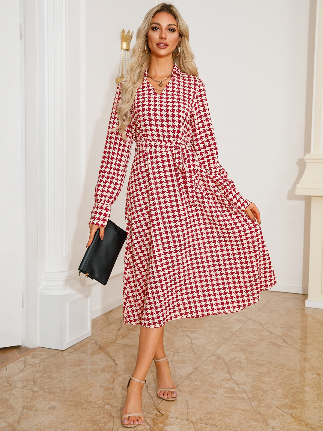Abigail® | Long sleeve houndstooth lace-up midi dress