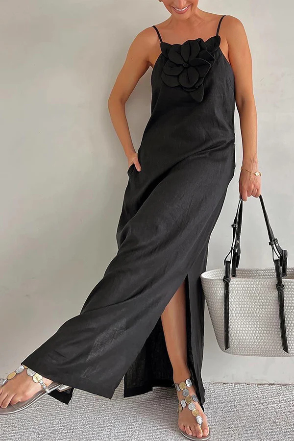 Luz® | Vacay Ready linen blend floral maxi dress with slit and pockets