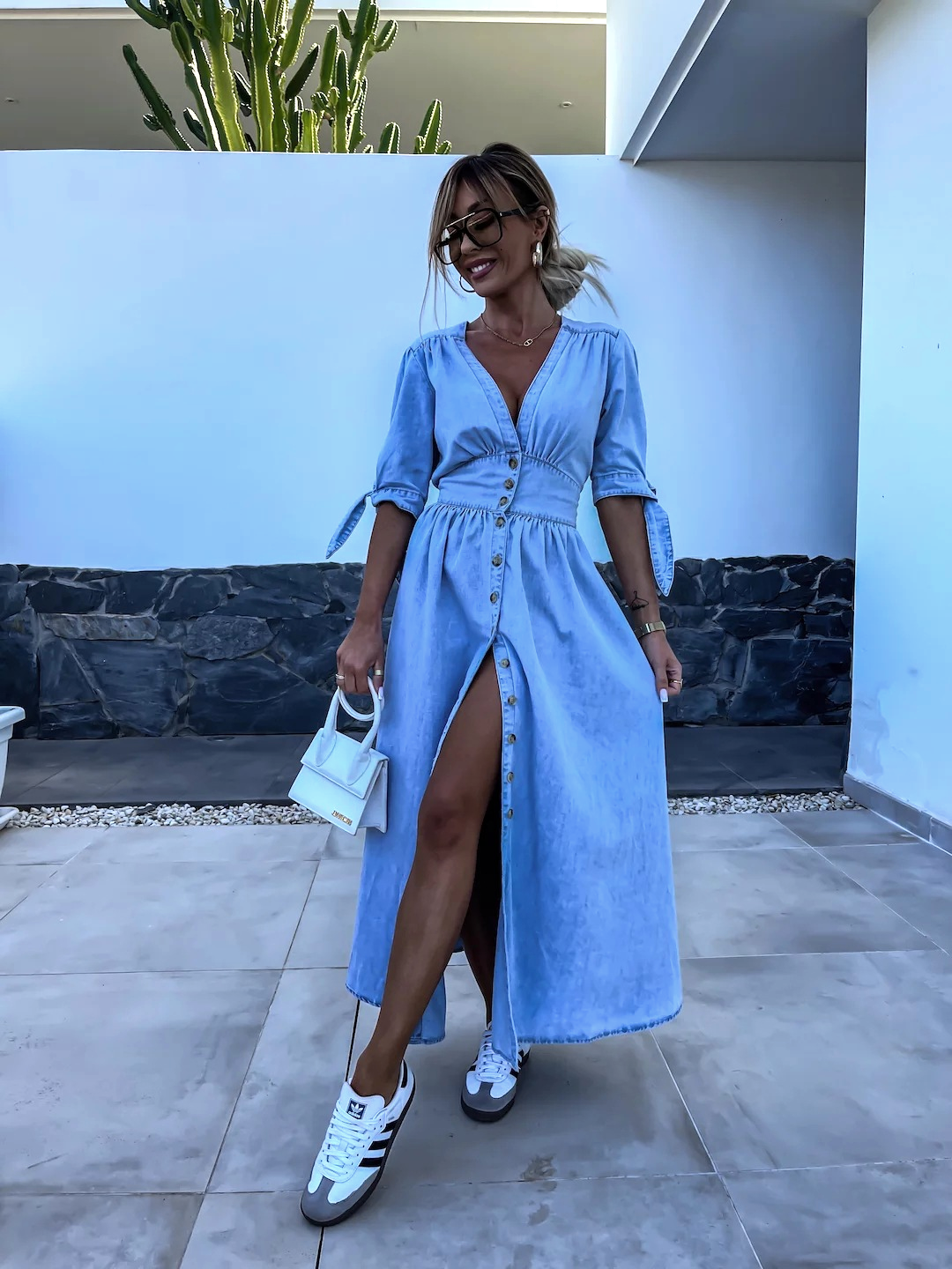 Lydia® | Long chambray dress with front slit