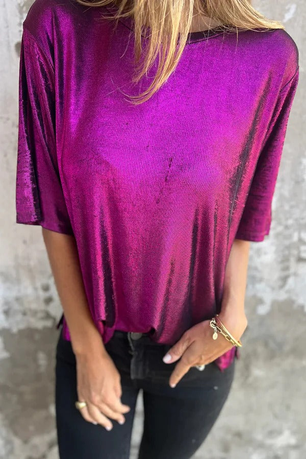 Lina® | Short sleeve, loose, solid color metallic crew neck t-shirt