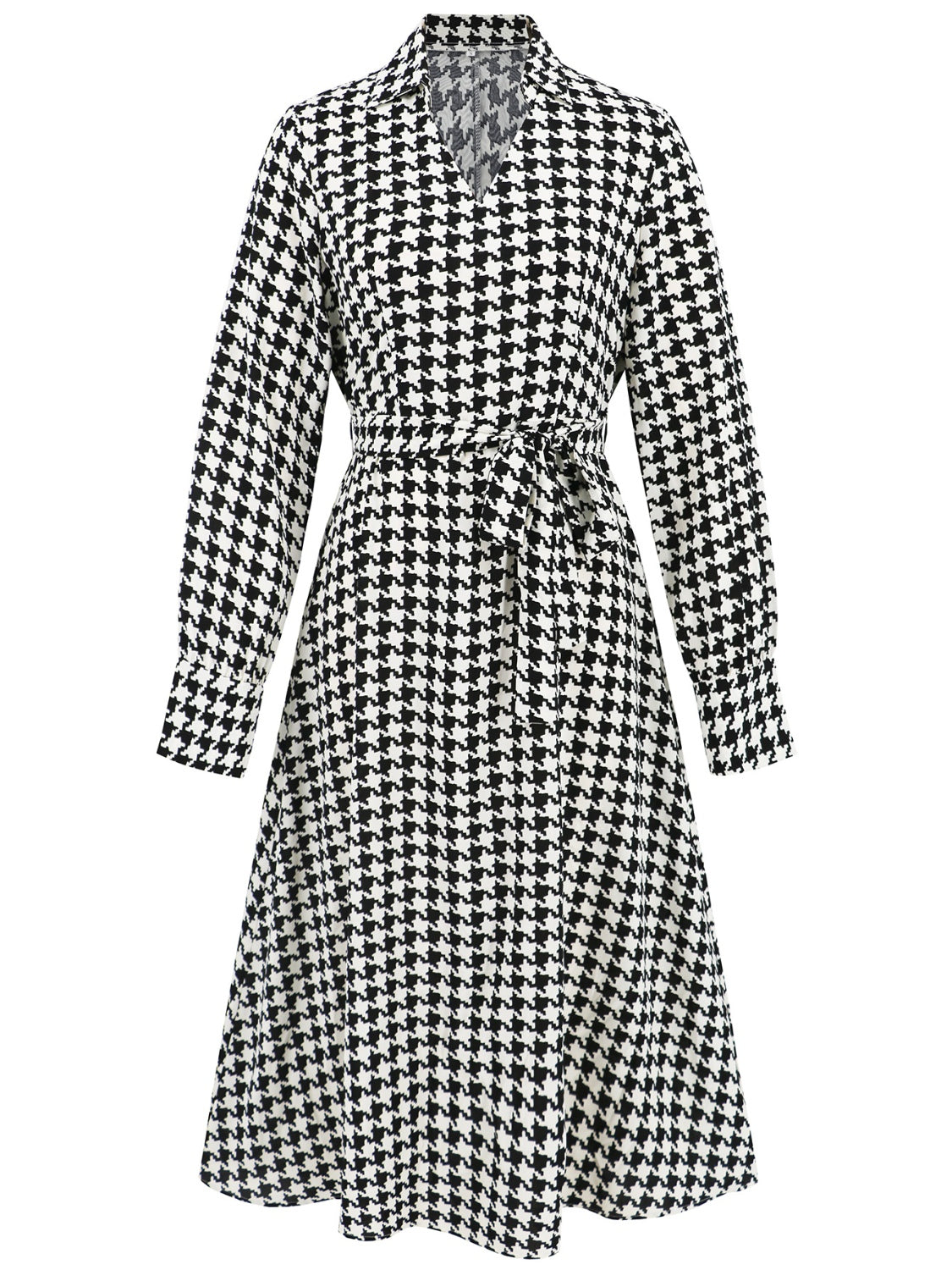 Abigail® | Long sleeve houndstooth lace-up midi dress