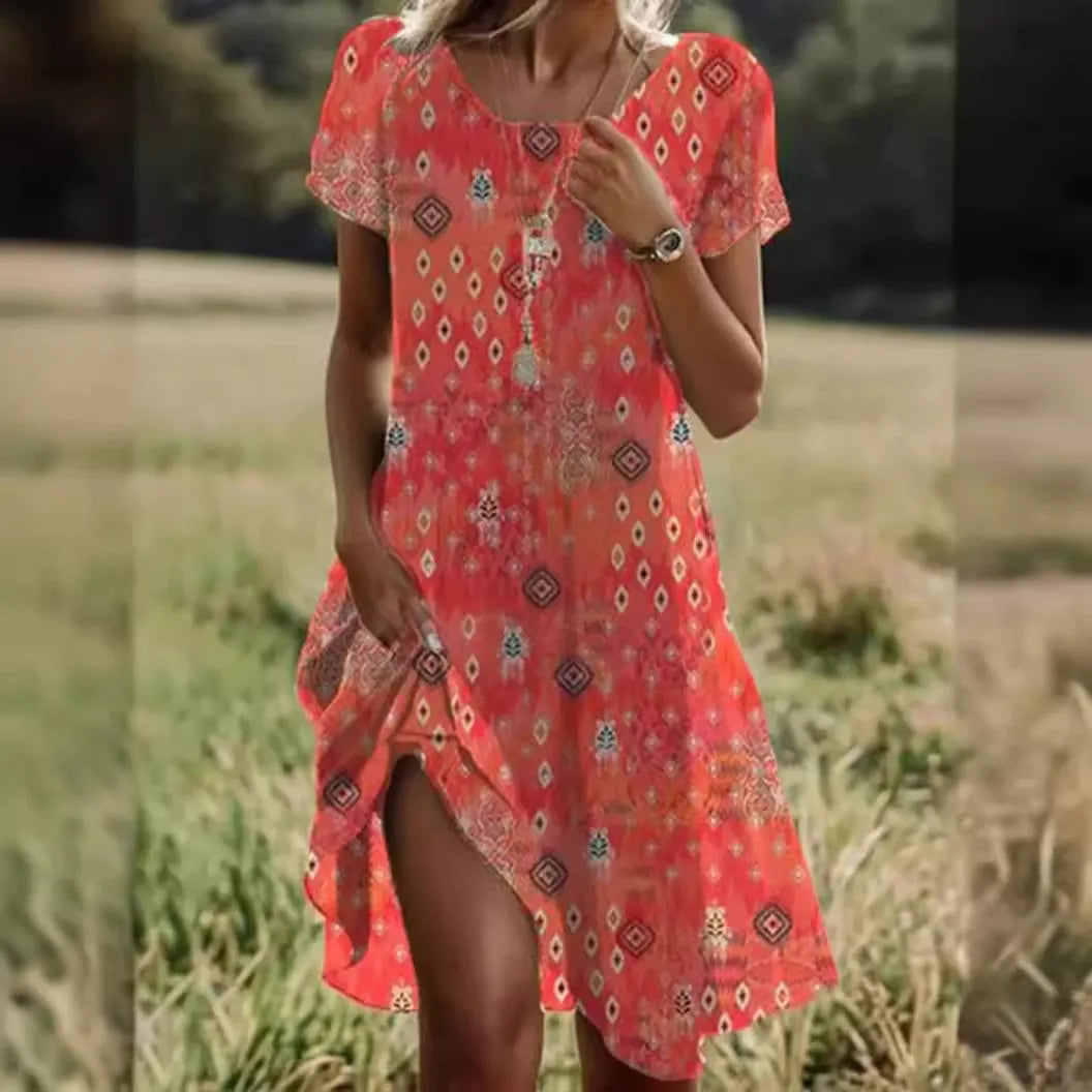Lina® | Polka dot midi dress with short sleeves and a round neckline