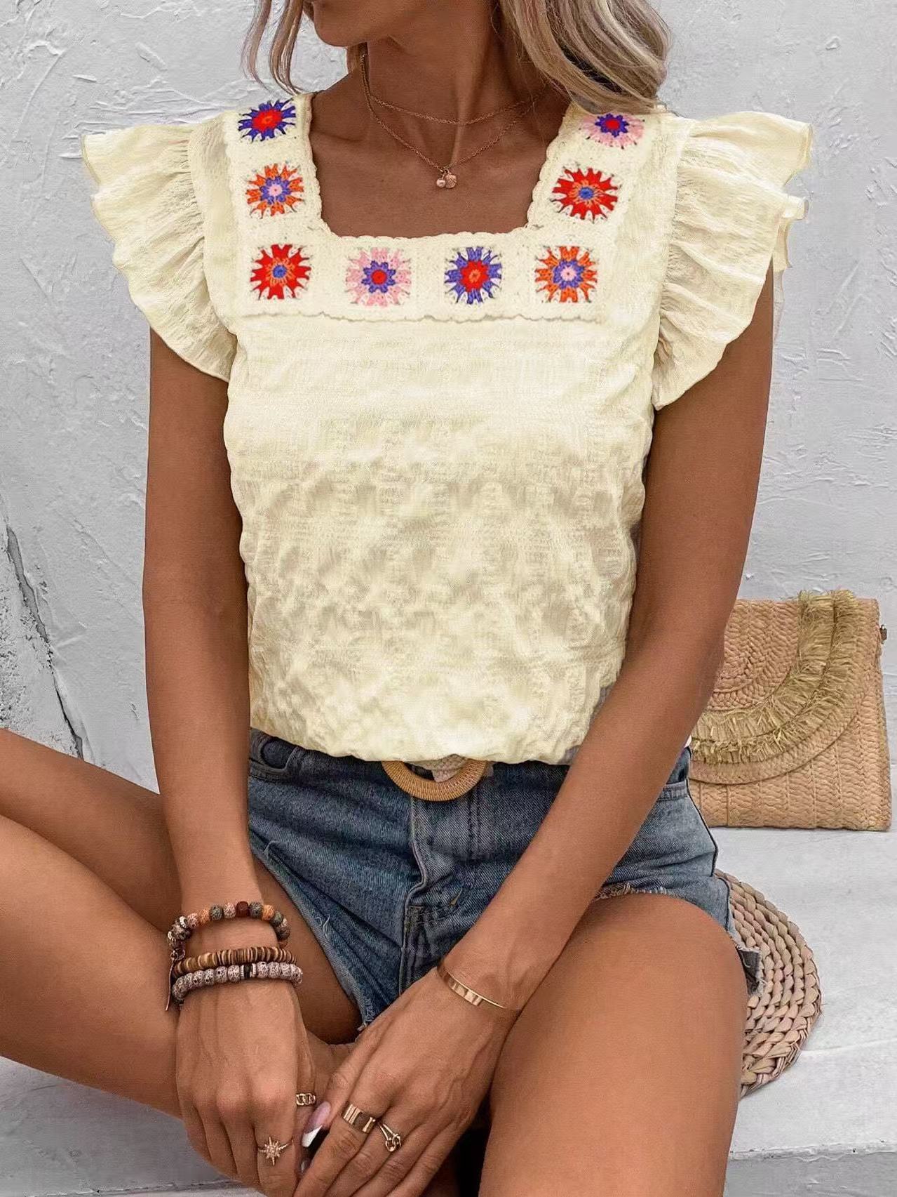 Luz® | Women'S Blouse With Flounce And Hand-Embroidered Design