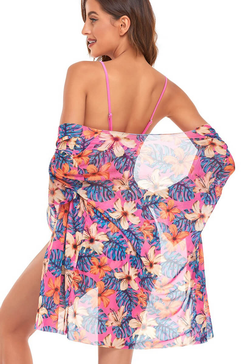 Dorotea® | Pink floral print beach blouse and bikini set