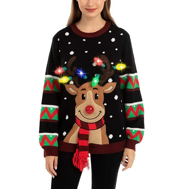 Lya® | Knitted sweater with cartoon Christmas reindeer and LED lights for women