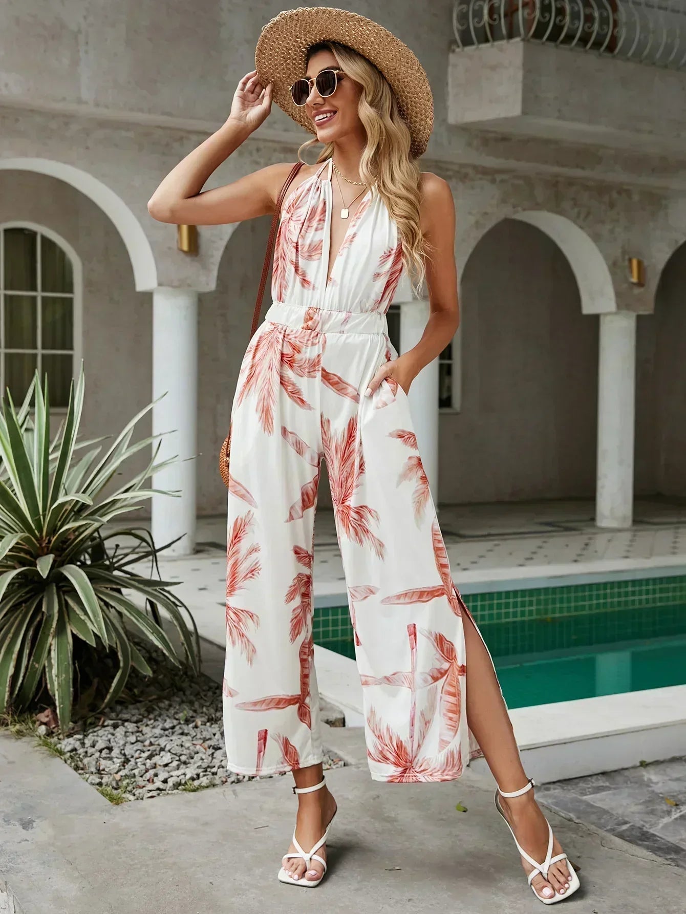 Lyra® | Elegant floral print halter wide leg pants jumpsuit