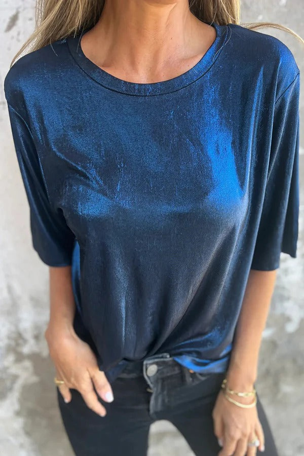 Lina® | Short sleeve, loose, solid color metallic crew neck t-shirt