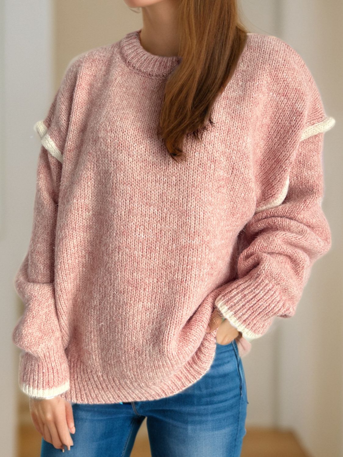 Luz® | Round neck sweater with sloping shoulders and contrasting trim