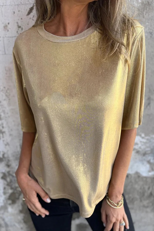 Lina® | Short sleeve, loose, solid color metallic crew neck t-shirt