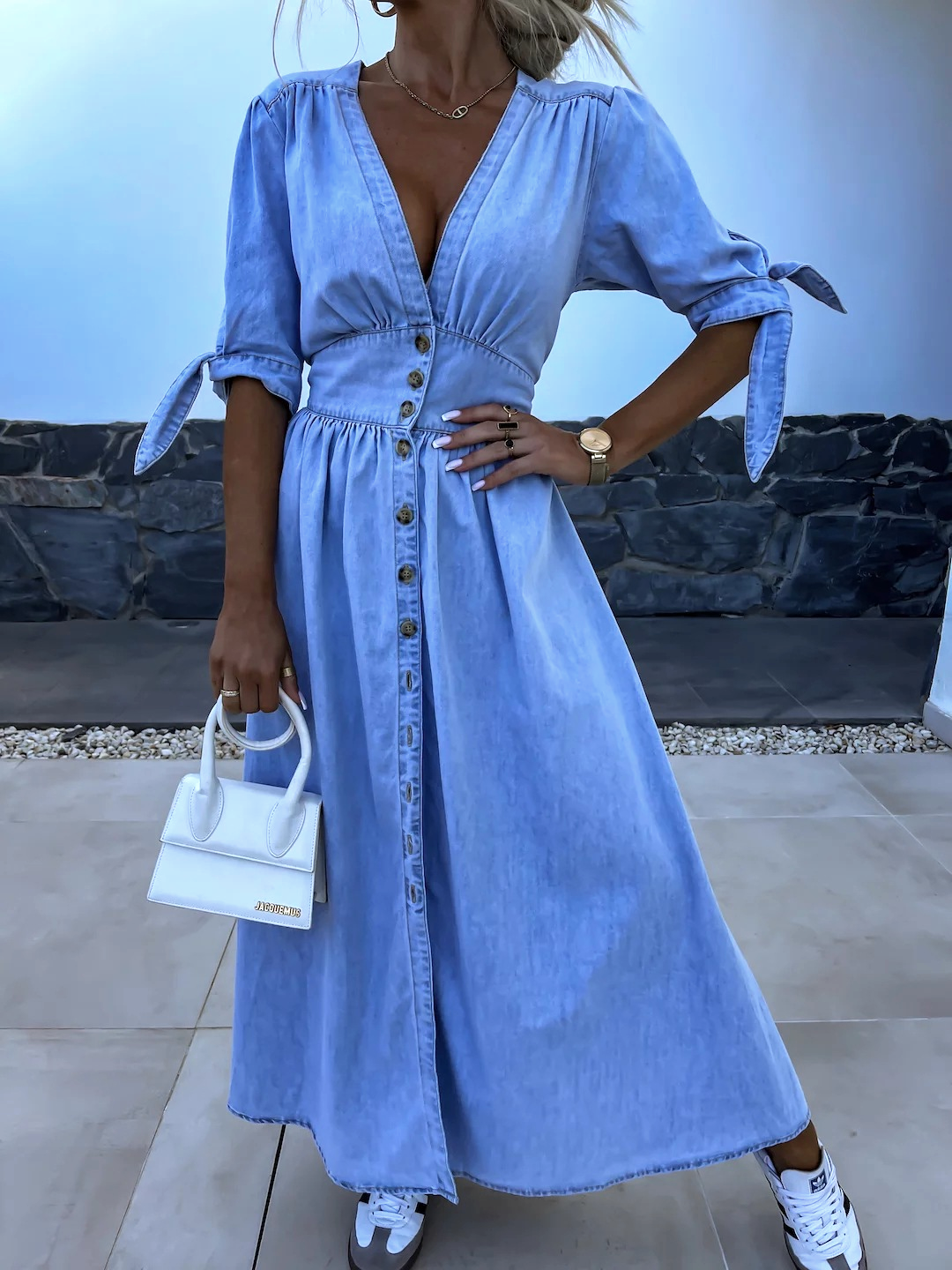 Lydia® | Long chambray dress with front slit