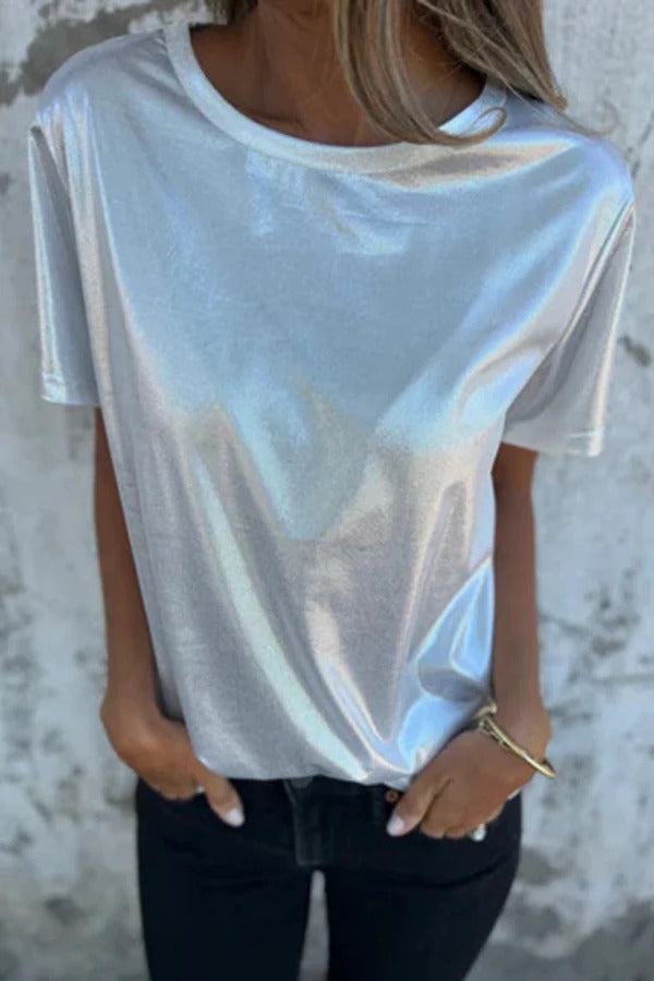 Lina® | Short sleeve, loose, solid color metallic crew neck t-shirt