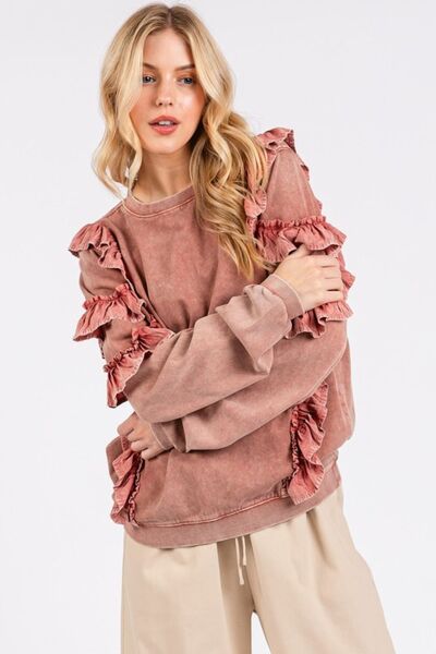Adelaida® | Ruched, mineral-washed long-sleeve crew neck sweatshirt