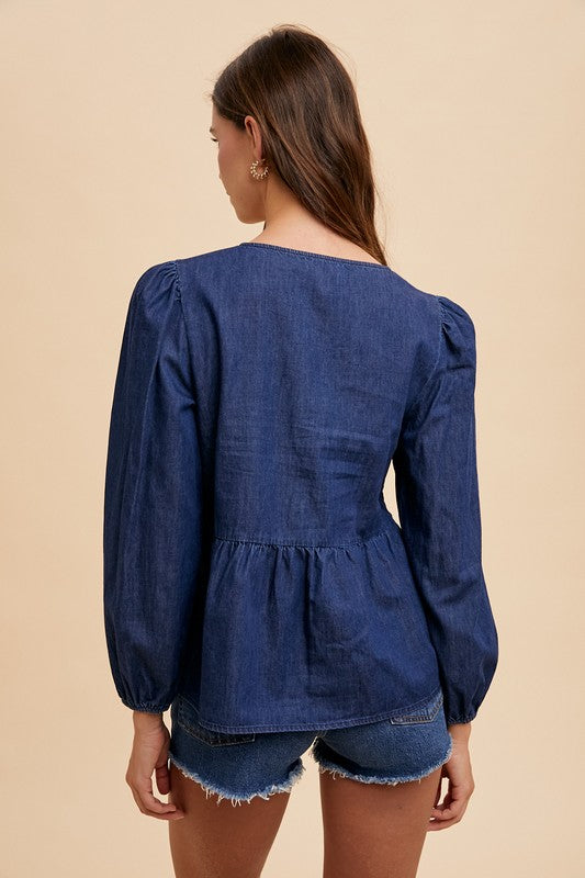 Lyra® | Long sleeve denim top with tie front peplum