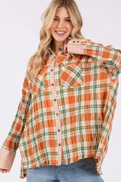 Aelwen® | Checked button-down long sleeve shirt with side slit
