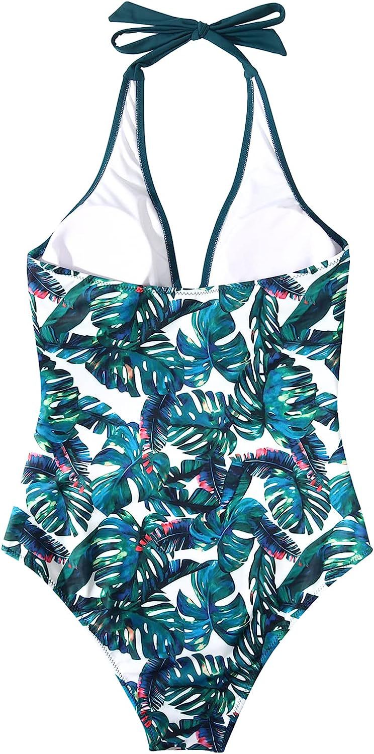 Lyra® | Two-tone V-neck halterneck swimsuit with print