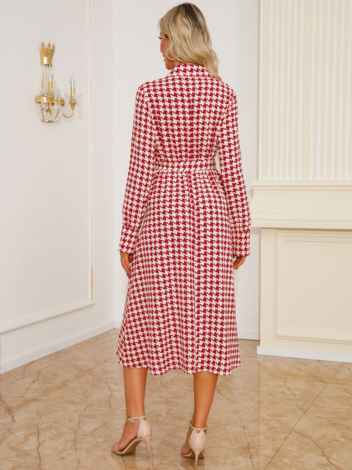 Abigail® | Long sleeve houndstooth lace-up midi dress